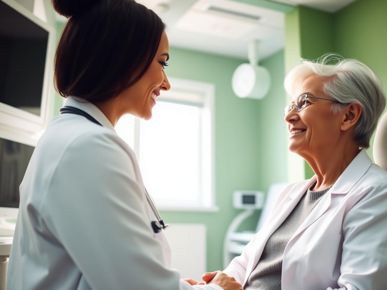 Friendly MedSurg Urgent Care clinician with a patient in a bright exam room