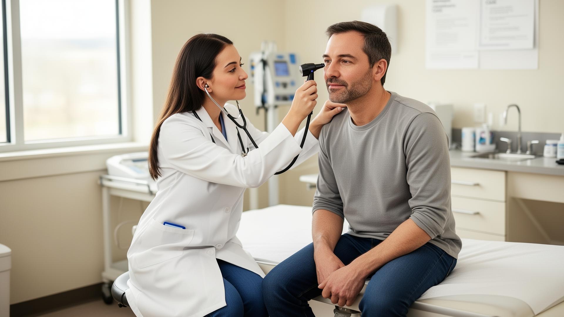 Friendly healthcare provider speaking with a patient in a clean urgent care setting